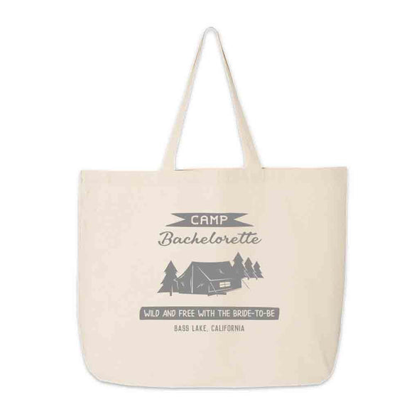 Custom weekend tote bag digitally printed with camp bachelorette and city and state