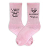 Custom digitally printed pink crew socks with bride's name and funny bridesmaid proposal