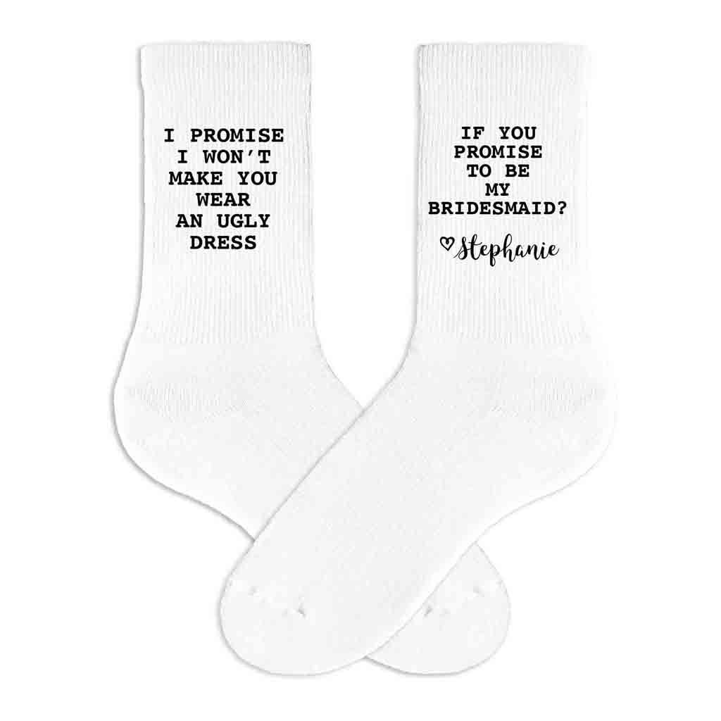 Custom comfortable white crew socks digitally printed with funny bridesmaid proposal and bride's name