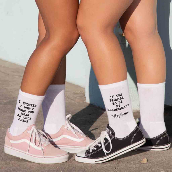 Custom cotton white crew socks digitally printed with bride's name and funny bridesmaid proposal