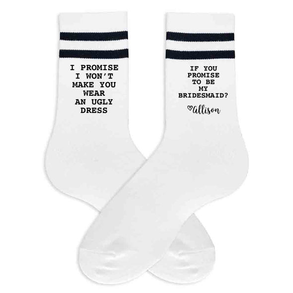 Comfy custom bridesmaid proposal socks digitally printed on striped crew socks