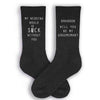Groomsmen proposal printed in white ink on black crew socks personalized with a name 