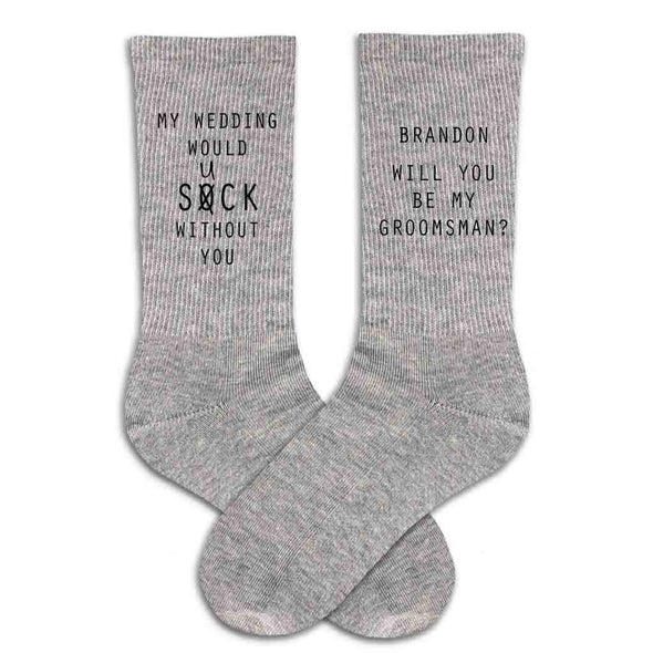 Fun groomsmen proposal digitally printed on grey crew socks personalized with name and question