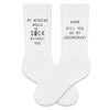 Groomsmen proposal digitally printed on white crew socks personalized with a name