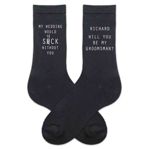 Groomsmen proposal printed on black dress socks personalized with a name and slogan