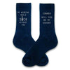 Funny groomsmen proposal printed in white ink on navy dress socks makes a great gift