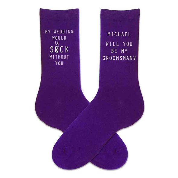 Groomsmen proposal printed in white ink on purple dress socks personalized with a name and slogan