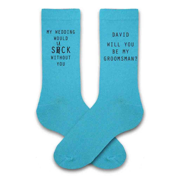 Groomsmen proposal socks personalized with a name and slogan printed on turquoise dress socks