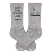Custom star wars inspired groomsmen proposal grey crew socks personalized with a wedding date 