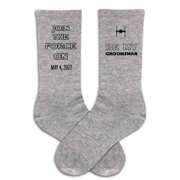 Custom star wars inspired groomsmen proposal grey crew socks personalized with a wedding date 