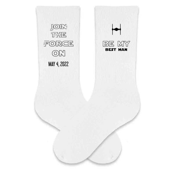 Custom star wars inspired groomsmen proposal white crew socks personalized with wedding date 