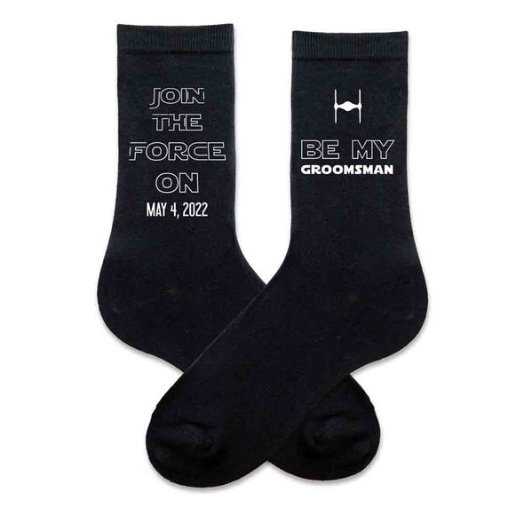 Custom star wars inspired groomsmen proposal black crew socks personalized with wedding date
