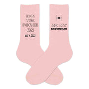 Custom star wars inspired groomsmen proposal pink cotton crew socks personalized with a wedding date