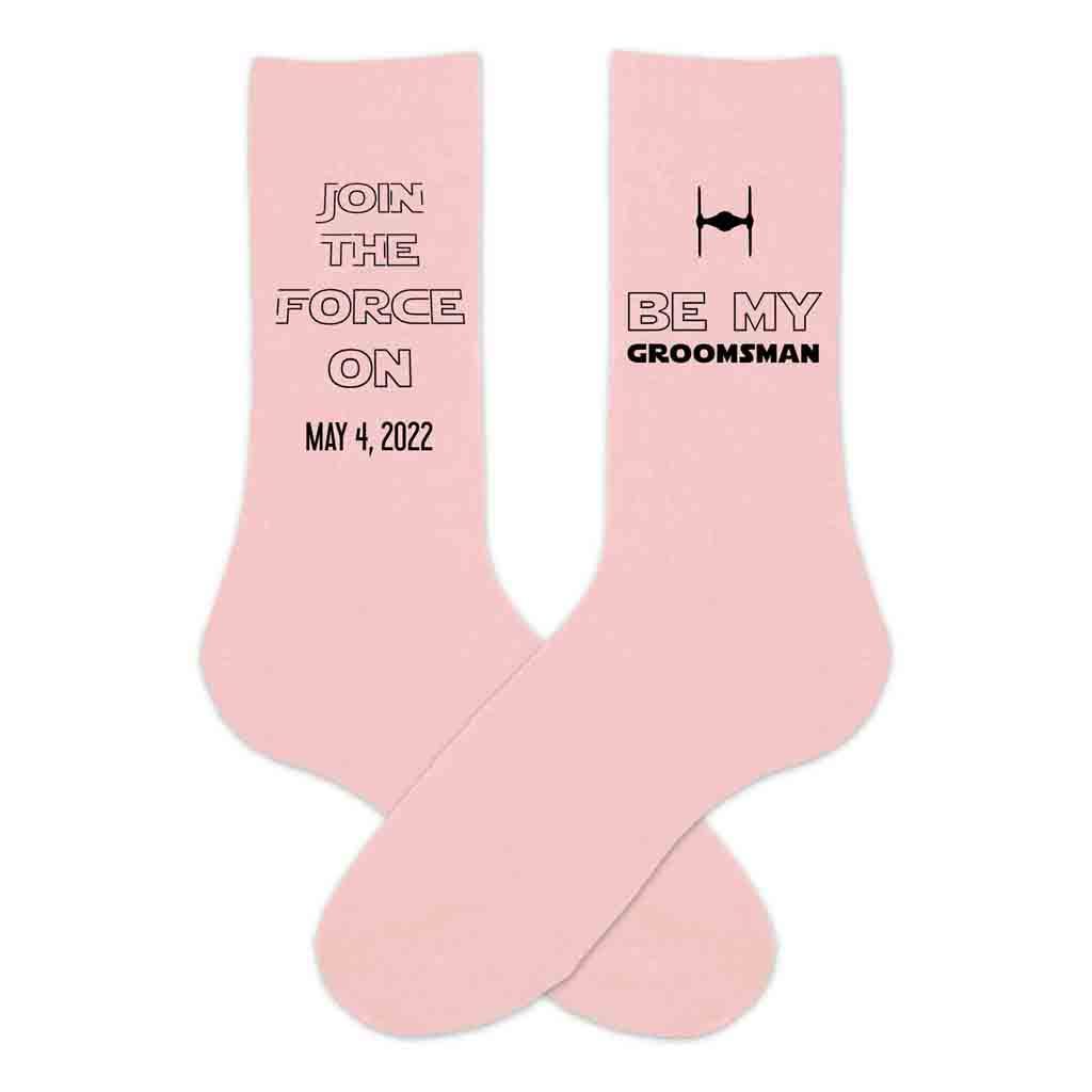 Custom star wars inspired groomsmen proposal pink cotton crew socks personalized with a wedding date