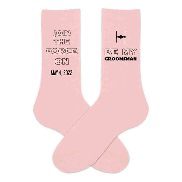 Custom star wars inspired groomsmen proposal pink cotton crew socks personalized with a wedding date