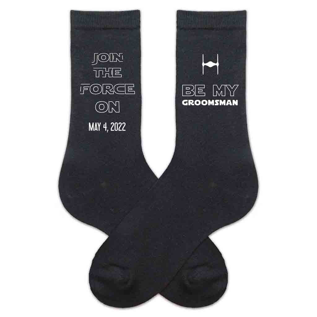 Custom star wars inspired groomsmen proposal socks personalized with a wedding date in assorted colors