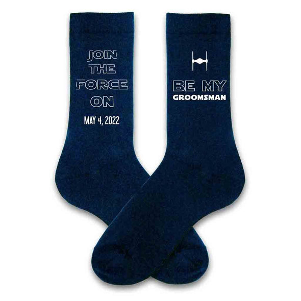 Custom star wars inspired groomsmen proposal dress socks personalized with a wedding date in assorted colors