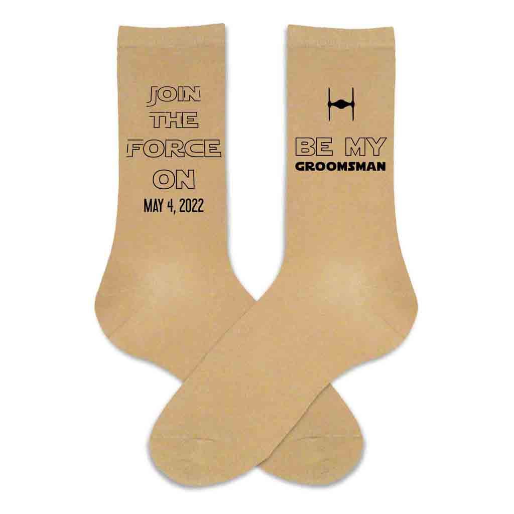 Custom star wars inspired groomsmen proposal tan dress socks personalized with wedding date