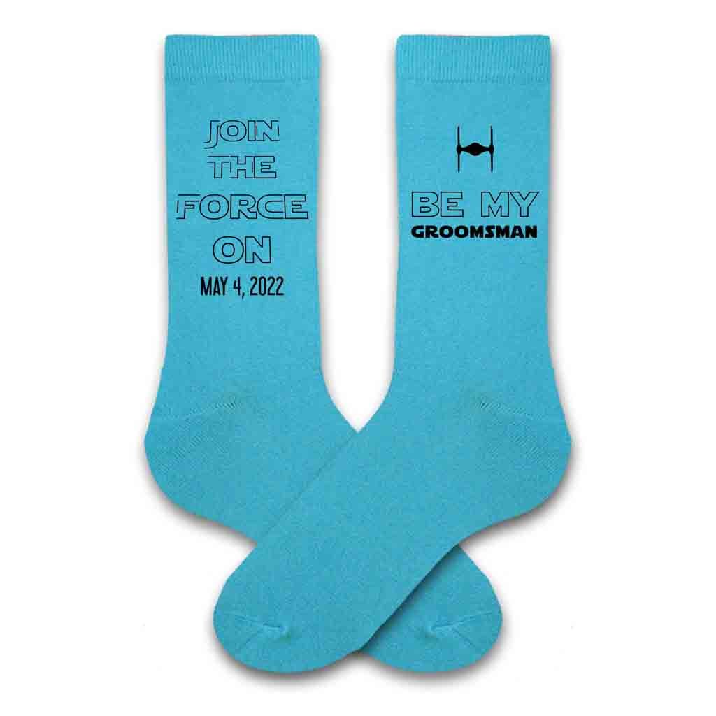 Fun star wars inspired groomsmen proposal  turquoise dress socks personalized with wedding date
