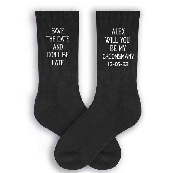 Fun personalized groomsmen proposal black crew socks digitally printed with will you be my groomsman and date