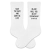Save the date and don't be late personalized groomsman proposal white crew socks customized with name and date
