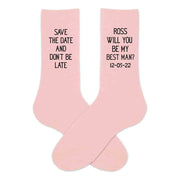 Fun save the date personalized groomsmen proposal pink blush dress socks digitally printed in black ink with name and date