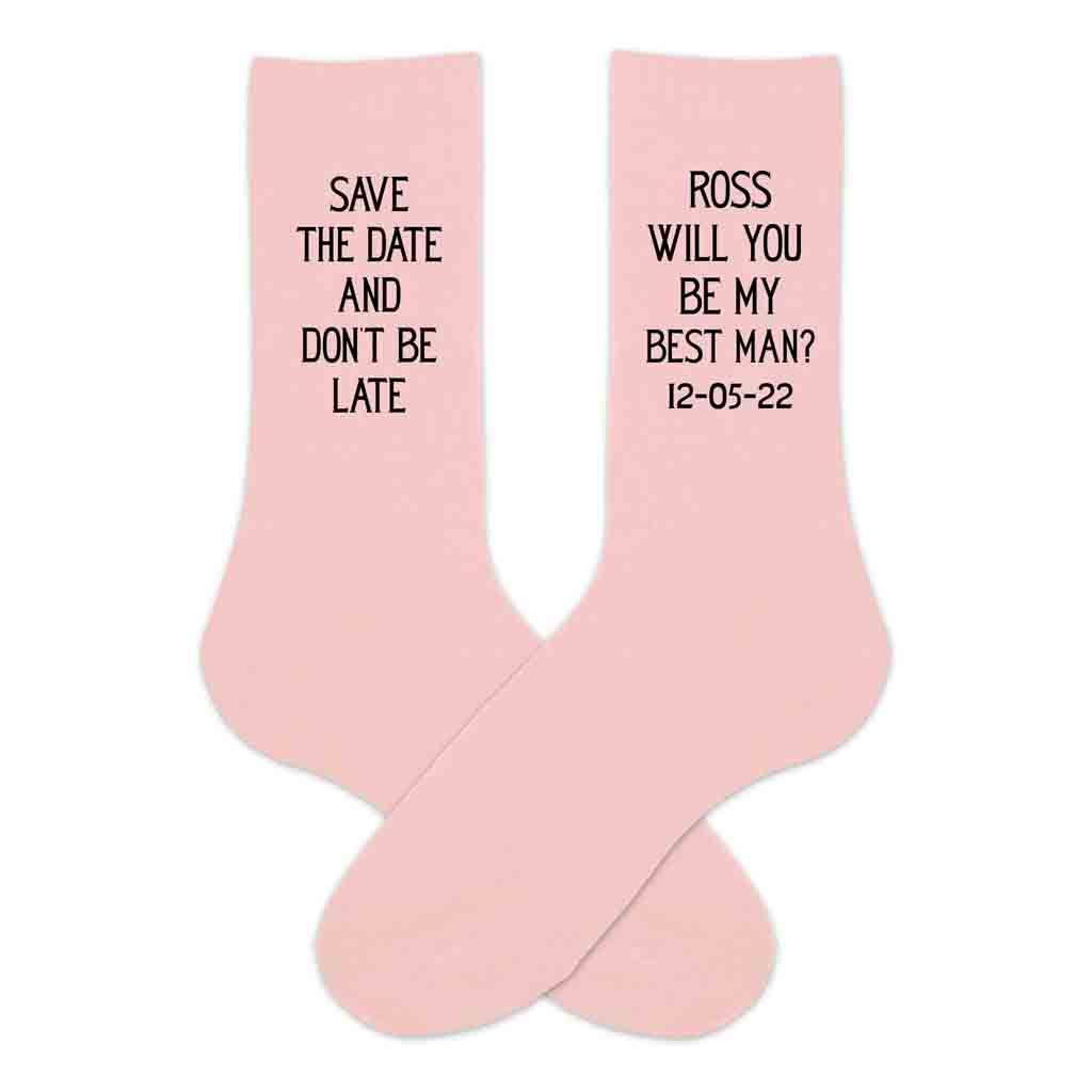 Fun save the date personalized groomsmen proposal pink blush dress socks digitally printed in black ink with name and date