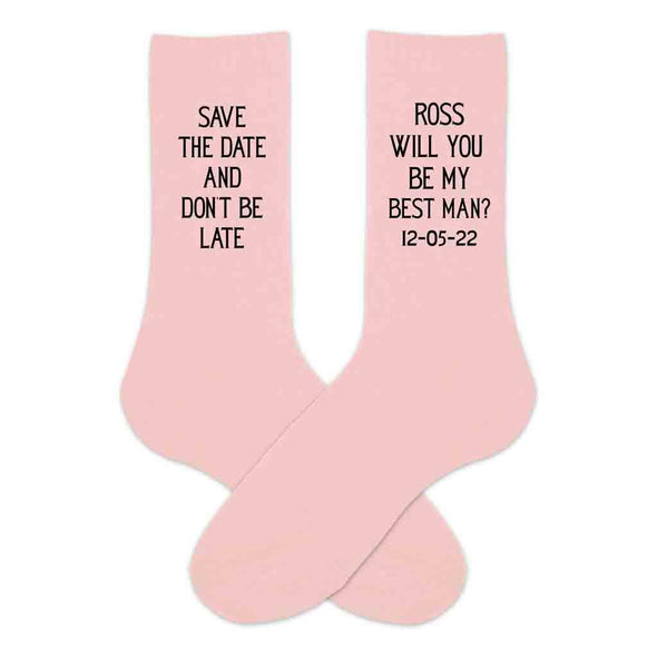 Fun save the date personalized groomsmen proposal pink blush dress socks digitally printed in black ink with name and date