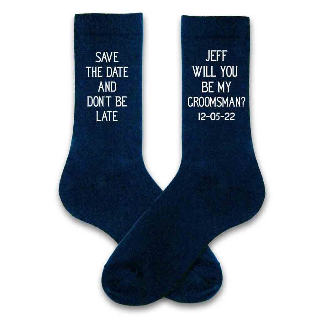 Custom navy dress socks personally created with your name, date, and question