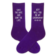 Personalized groomsmen proposal purple dress socks custom printed name and date
