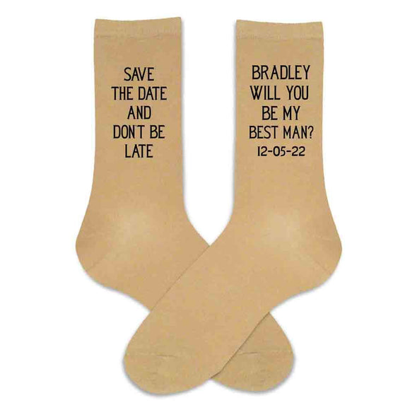 Tan dress socks customized and digitally printed for your groomsmen proposal needs