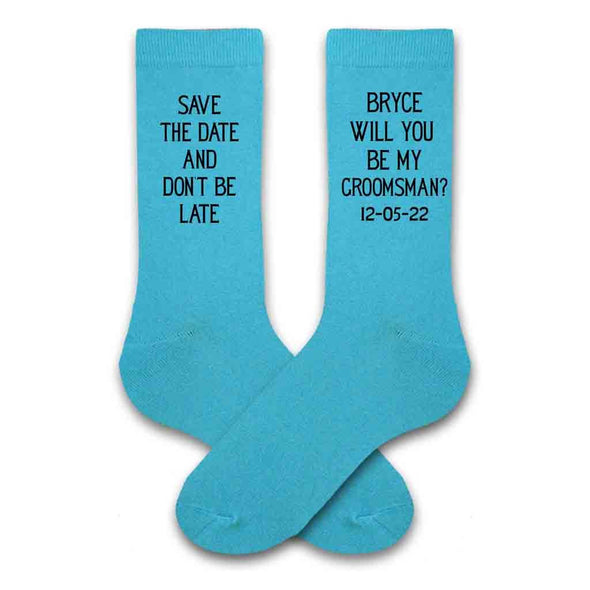 Turquoise dress socks custom created and personalized for your groomsmen proposal needs