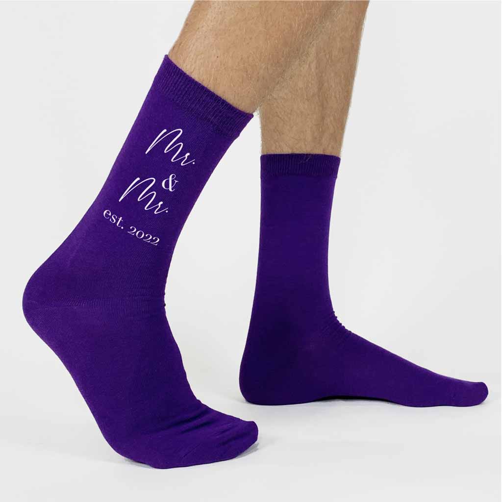 Mr. & Mr. custom printed in white ink on purple cotton dress socks