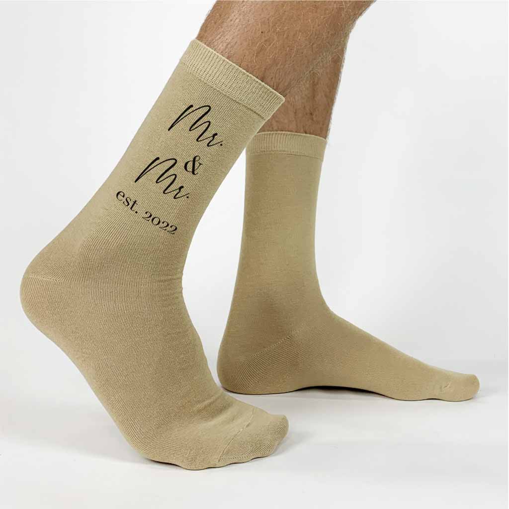 Mr. & Mr. digitally printed in black ink on tan dress socks