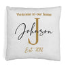 Welcome to our home design custom printed on throw pillow cover with your initial, name and year established.