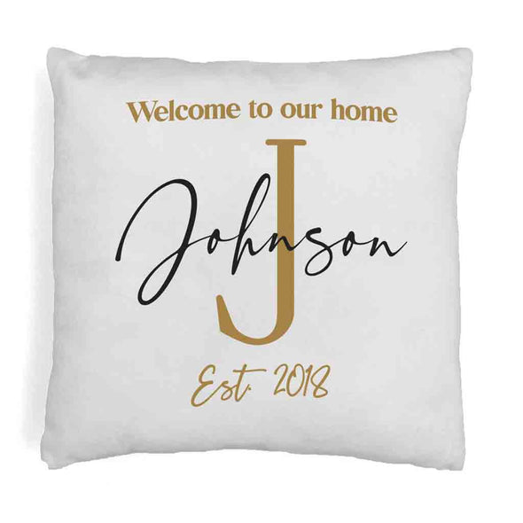 Welcome to our home design custom printed on throw pillow cover with your initial, name and year established.