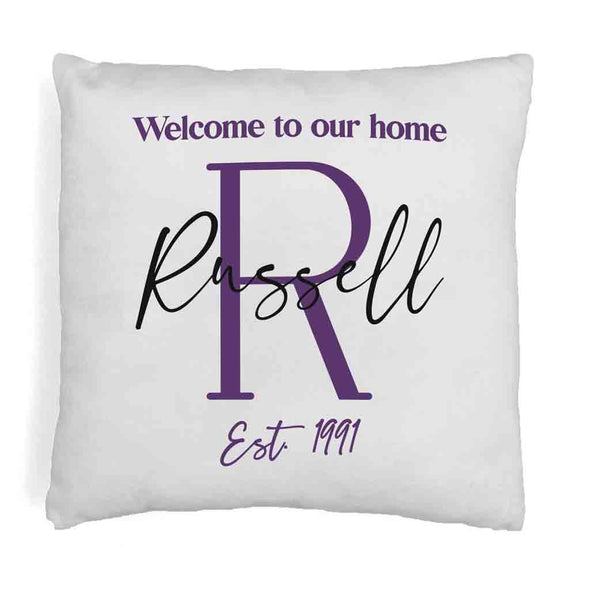 Welcome to our home design custom printed on throw pillow cover with your initial, name and year established.