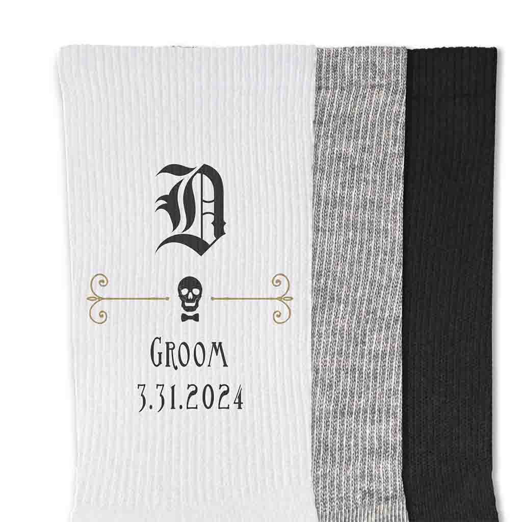 Custom printed gothic design on flat knit or ribbed crew socks makes a special keepsake gift for your entire wedding party.