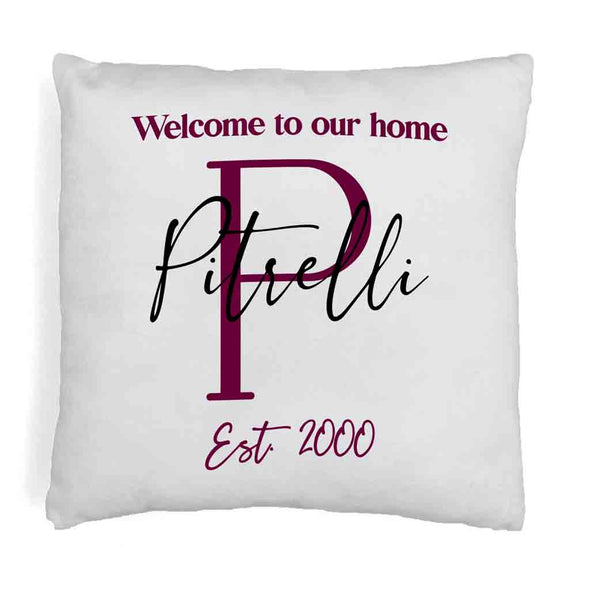 Welcome to our home design custom printed on throw pillow cover with your initial, name and year established.