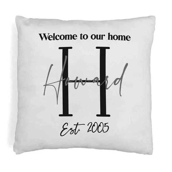 Welcome to our home design custom printed on throw pillow cover with your initial, name and year established.
