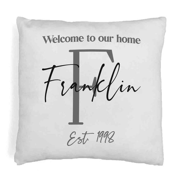 Welcome to our home design custom printed on throw pillow cover with your initial, name and year established.