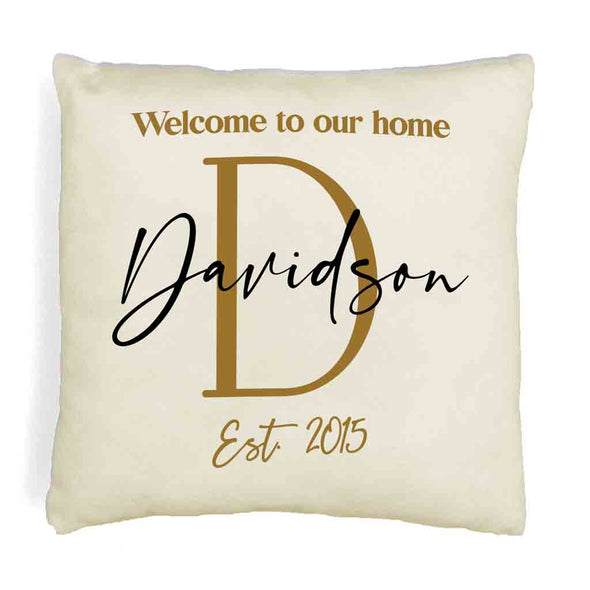 Welcome to our home design custom printed on throw pillow cover with your initial, name and year established.