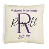Welcome to our home design custom printed on throw pillow cover with your initial, name and year established.