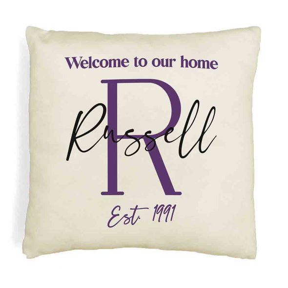 Welcome to our home design custom printed on throw pillow cover with your initial, name and year established.