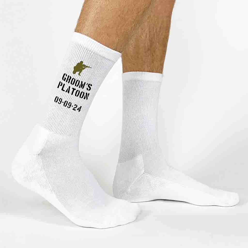 Grooms platoon marines design digitally printed and personalized military themed wedding socks designed for all branches of the US military make the perfect accessory for your wedding.