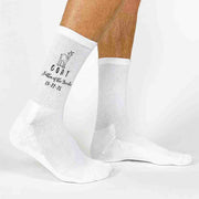  Fun custom printed personalized wedding socks with the date printed on the outside of both socks with our original GOAT design with a cute goat wearing a bow tie are the perfect wedding day accessory.