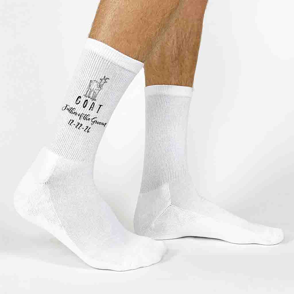 Fun personalized wedding socks custom printed with the date  printed on the outside of both socks with our original Father of the Groom GOAT design with a cute goat wearing a bow tie make these a very special wedding day accessory.