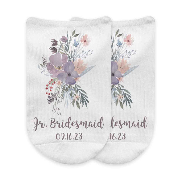Junior bridesmaid socks digitally printed with floral design personalized with your wedding role and date.