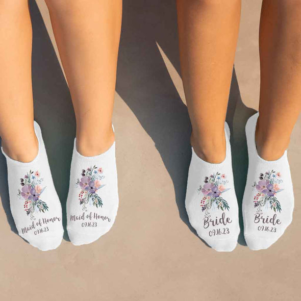 Bridal party socks custom printed with floral design personalized with your wedding role and date.