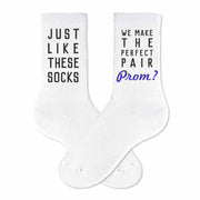 The perfect pair of promposal socks to ask someone to senior prom these printed cotton crew socks are a fun way to ask and will definitely get the attention you deserve.